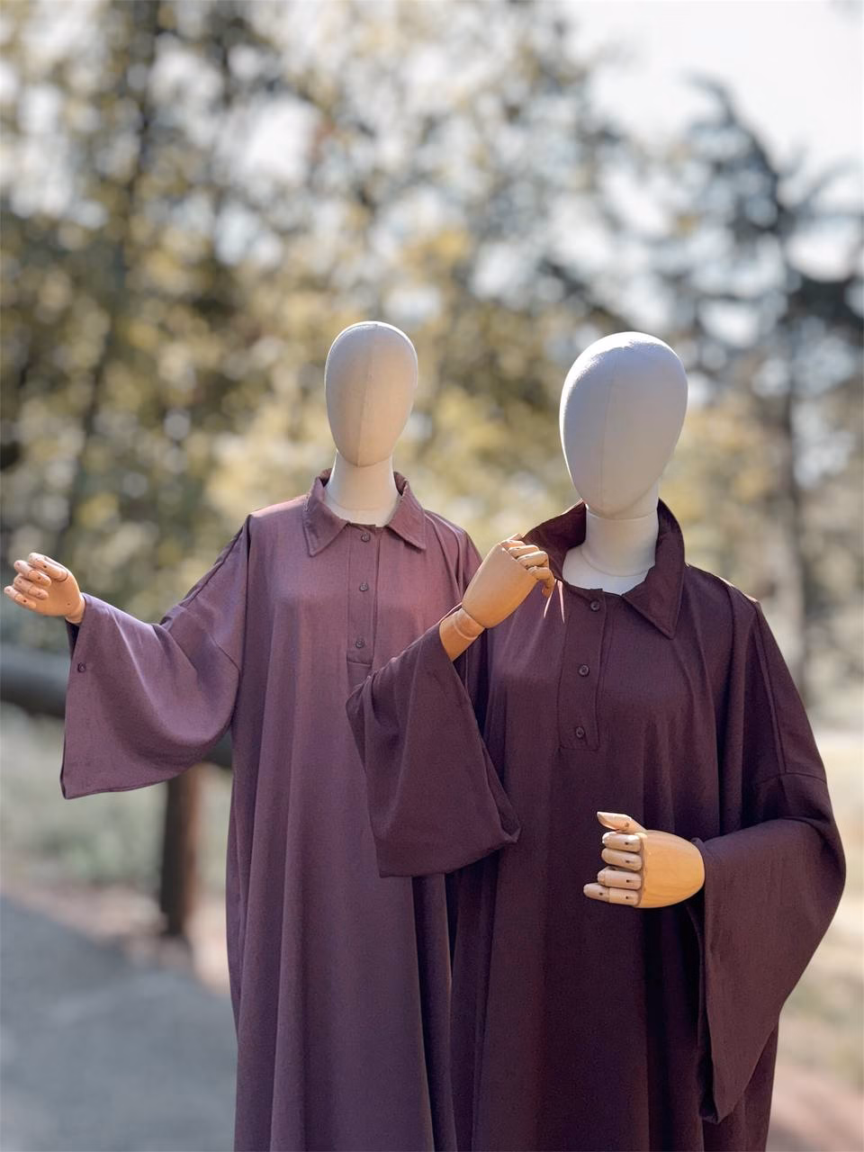 Abaya col chemise - KALI - chocolat - bois de rose cote a cote